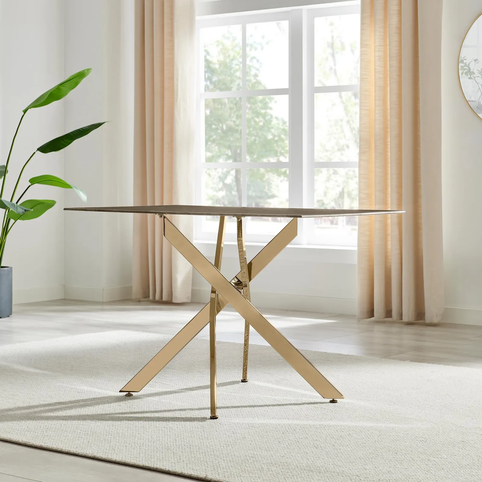 FurnitureboxUK Leonardo 4-Seater Dining Table With Marble Effect Glass Top & Gold Metal Legs in Dark Brown 3