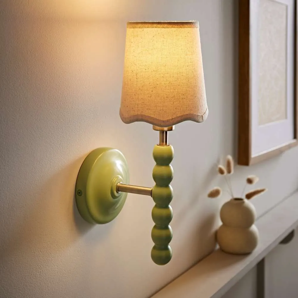 ValueLights Bobbins Pastel Bobble Wall Light & Natural Linen Lamp Shade & Bulb in Pale Green 2