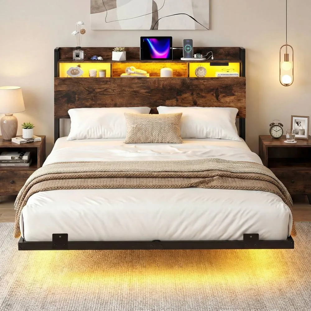 Costway King Size Floating Platform Bed Frame w/ LED Lights & Charging Station in Brown