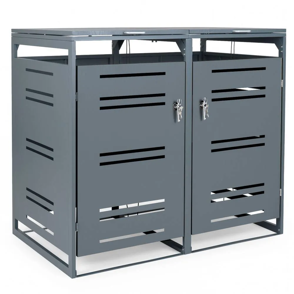 Costway Outdoor Garbage Bin Storage Shed Lockable Double Trash Can Enclosure in Grey 6