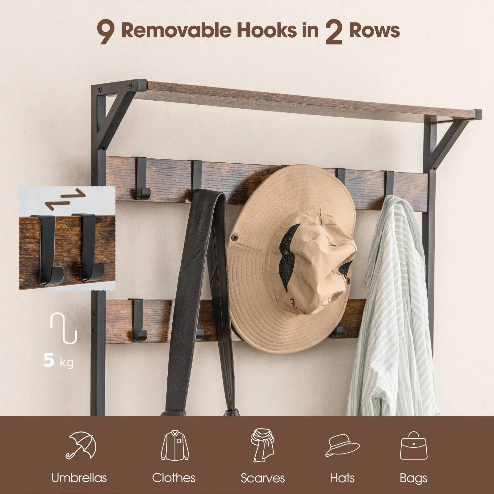 Costway 3-in-1 Coat Rack Hall Tree with Shoe Bench & Shoe Storage in Brown 6