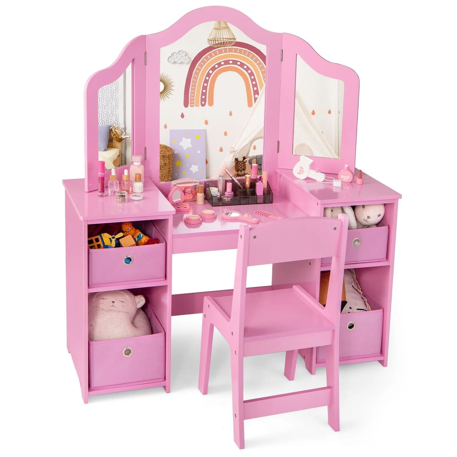 Costway 2-in-1 Dressing Table & Chair Set Vanity Table Desk w/ Removable Mirrors in Pink