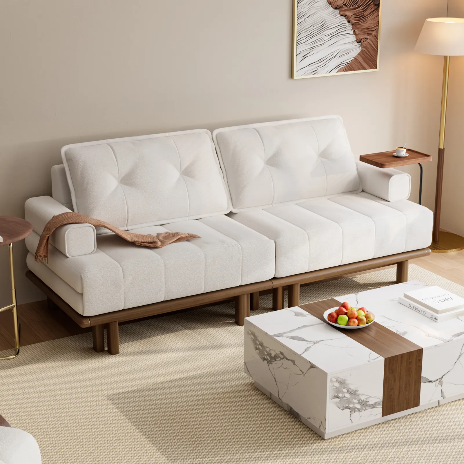 Queen 3-Seater Leather Sofa Bed 79" Convertible Futon Bed with Side Table