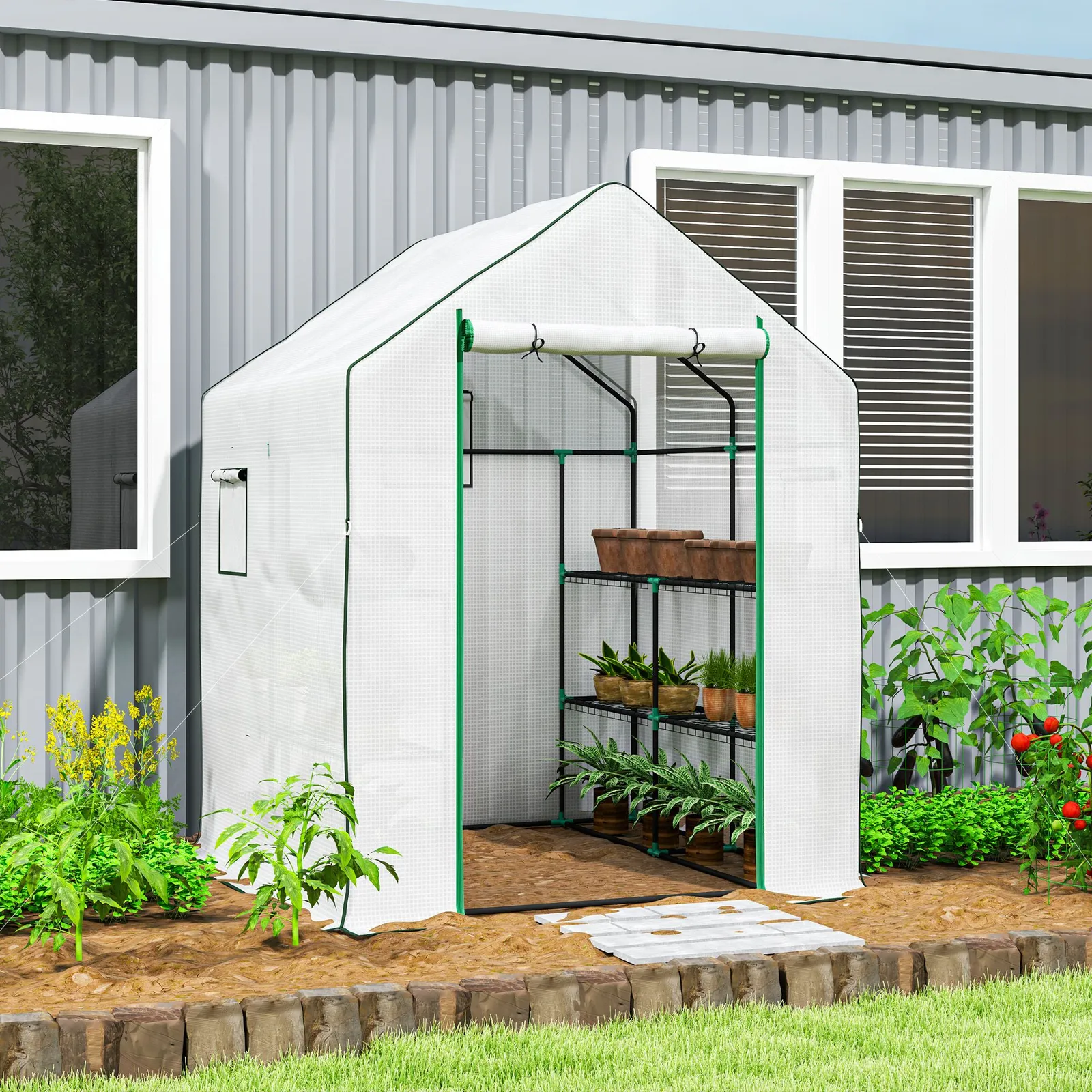 OUTSUNNY Walk-in Greenhouse with 8 Shelves, Outdoor Small Greenhouse, White