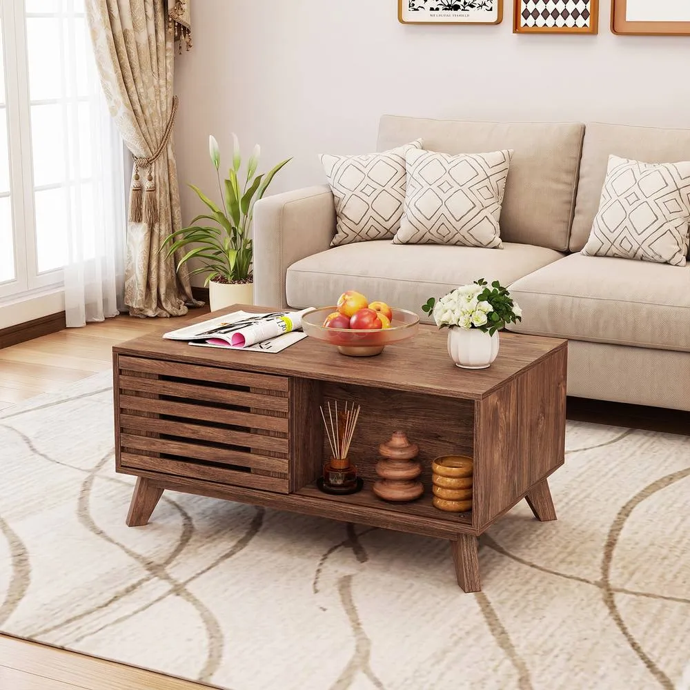 Costway 90 cm Center Table with Slatted Sliding Door & Tapered Legs in Brown 4