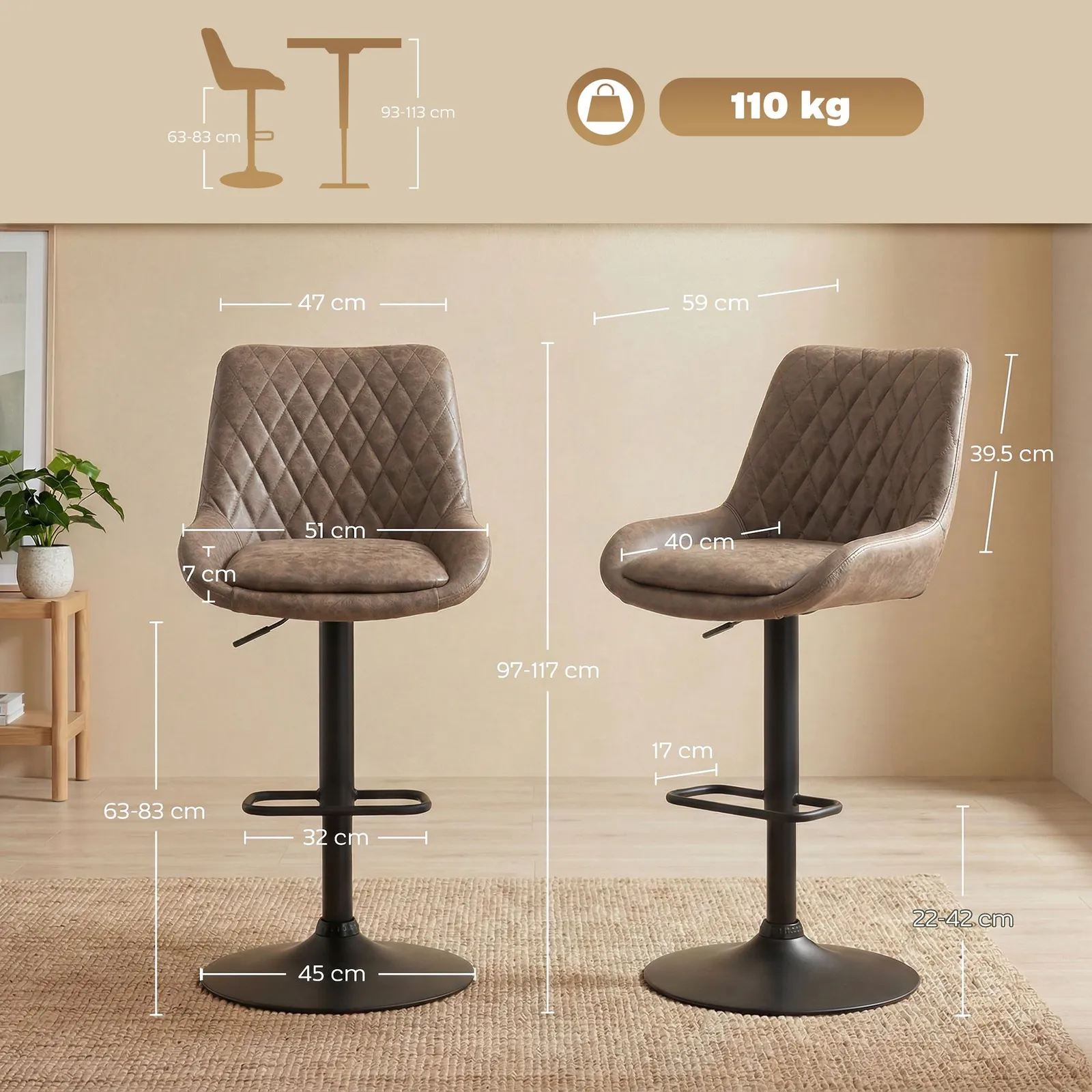HOMCOM PU Leather Padded Bar Stools Set of 2 with Metal Base, Coffee in Brown 3