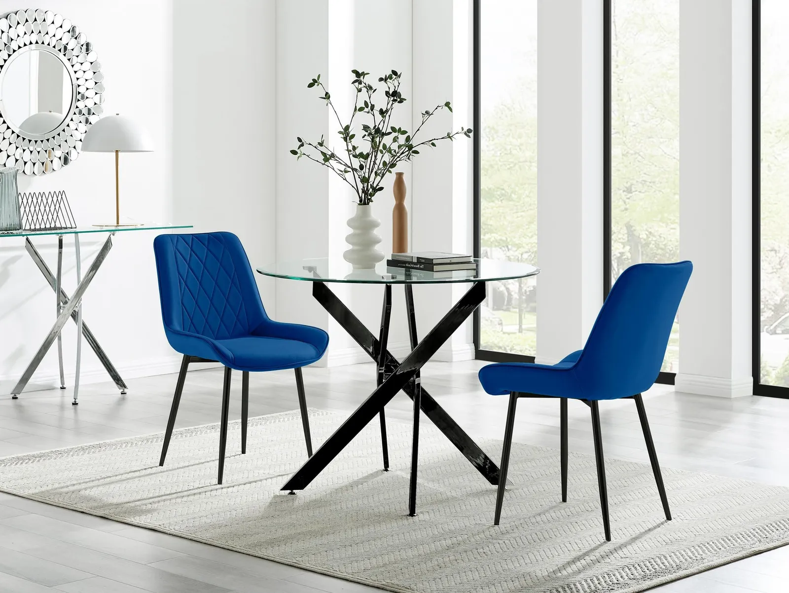 FurnitureboxUK Novara 100cm Round Black Leg Dining Table & 2 Pesaro Black Leg Chairs in Navy 1