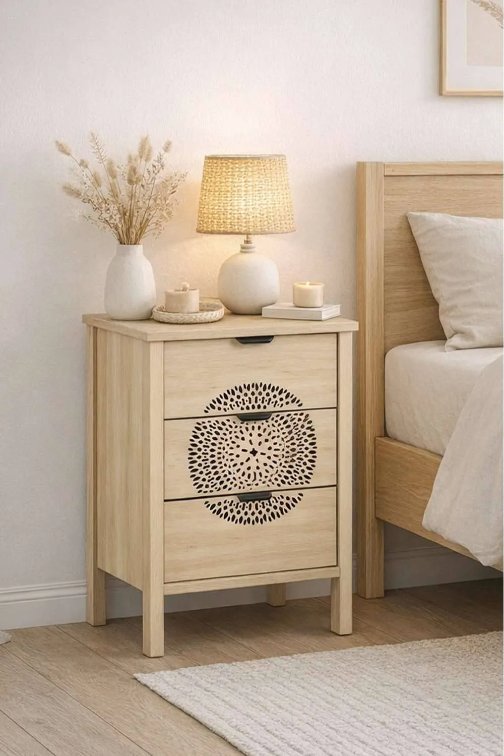 Birlea Pair of Flora 3 Drawer Bedside Cabinet Chest Table Light Oak in Beige 2