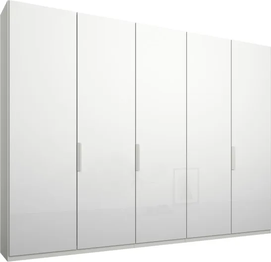 Caren 5 door  250cm Hinged Wardrobe, White Frame, White Glass Doors, Premium Interior