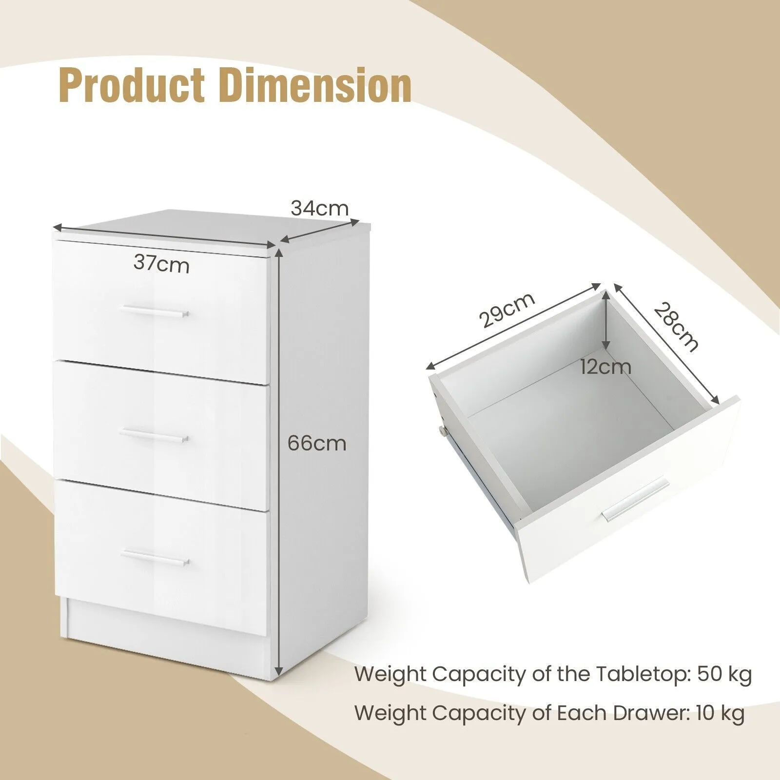 Costway 3Drawer Chest Storage Cabinet Dresser Freestanding Night Stand Organizer in White 2