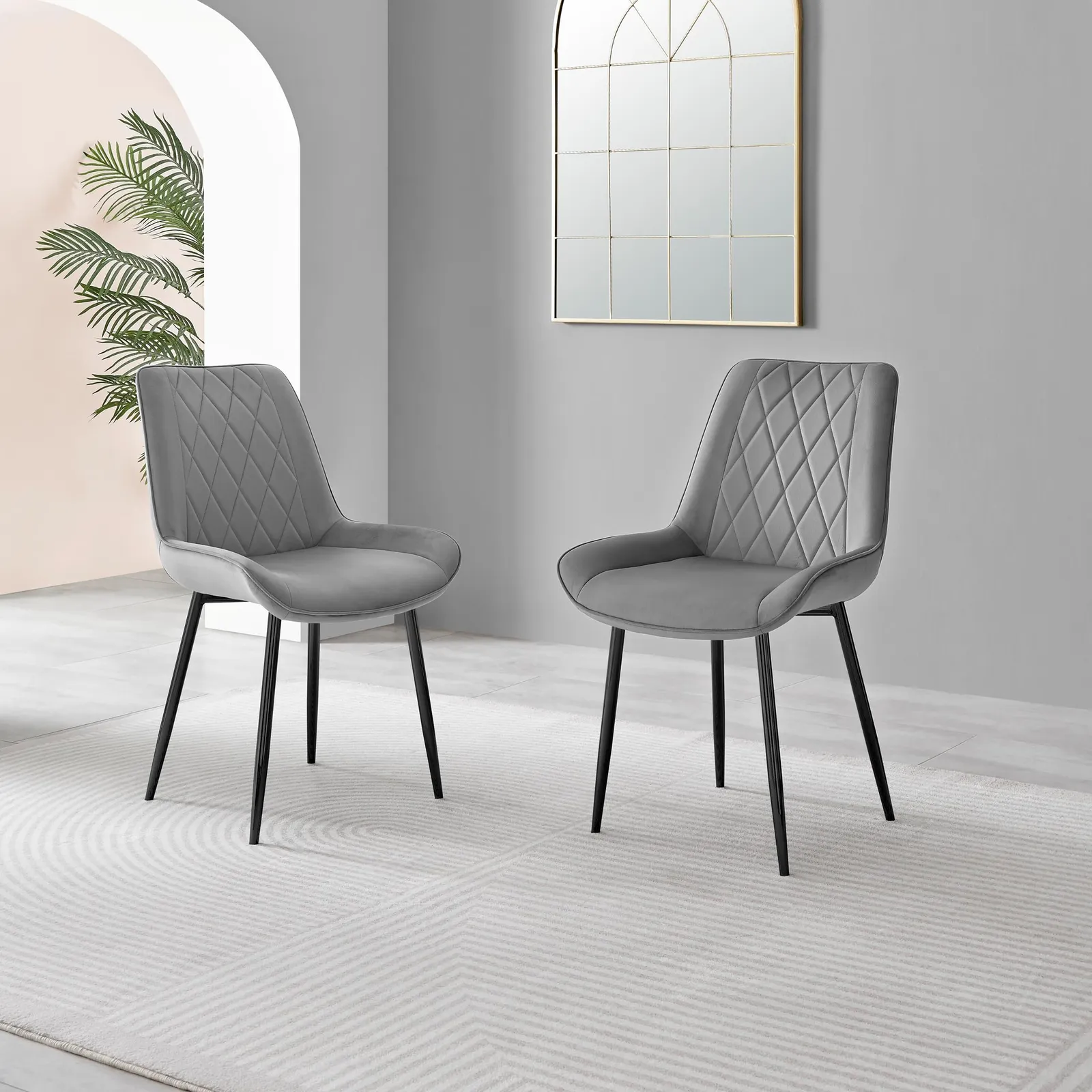 FurnitureboxUK Set of 2 Pesaro Luxury Velvet Dining Chairs With Diamond Stitched Back & Black Metal Legs in Grey 2