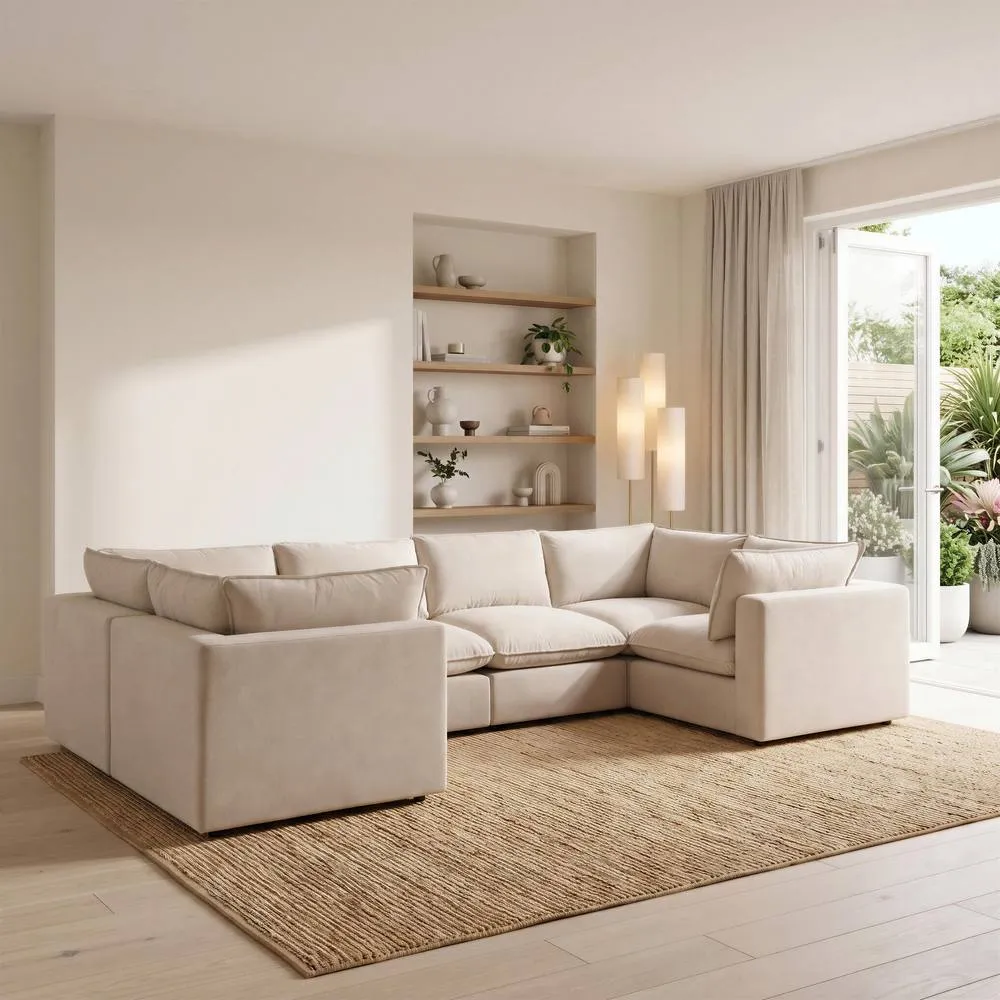 FurnitureboxUK Echo Linen-Look Fabric 5 Seater U-Shaped Modular Corner Sofa in Cream 1