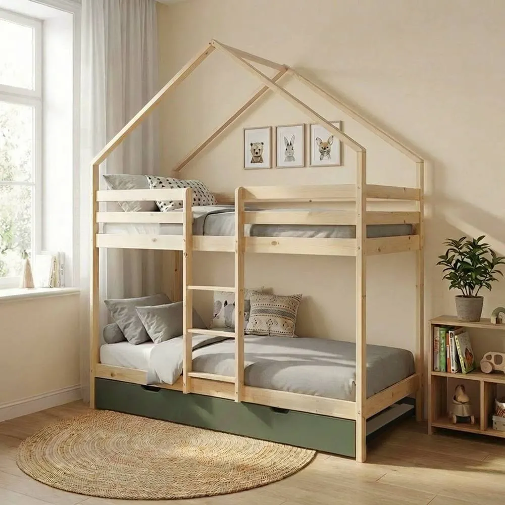sweeek Children's bunk bed 90 x 190 cm natural pine with pull-out bed in Green 3