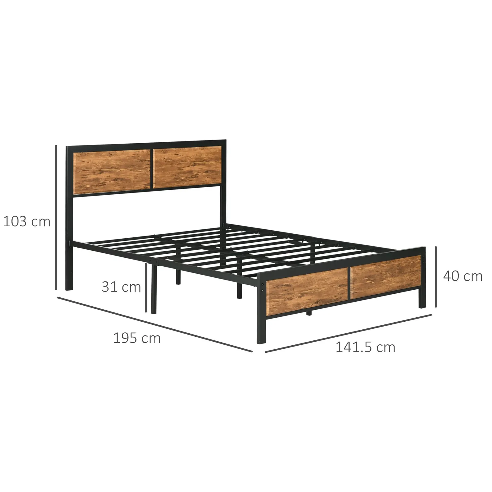 HOMCOM Bed Frame Steel Bed Base with Headboard Brown 3