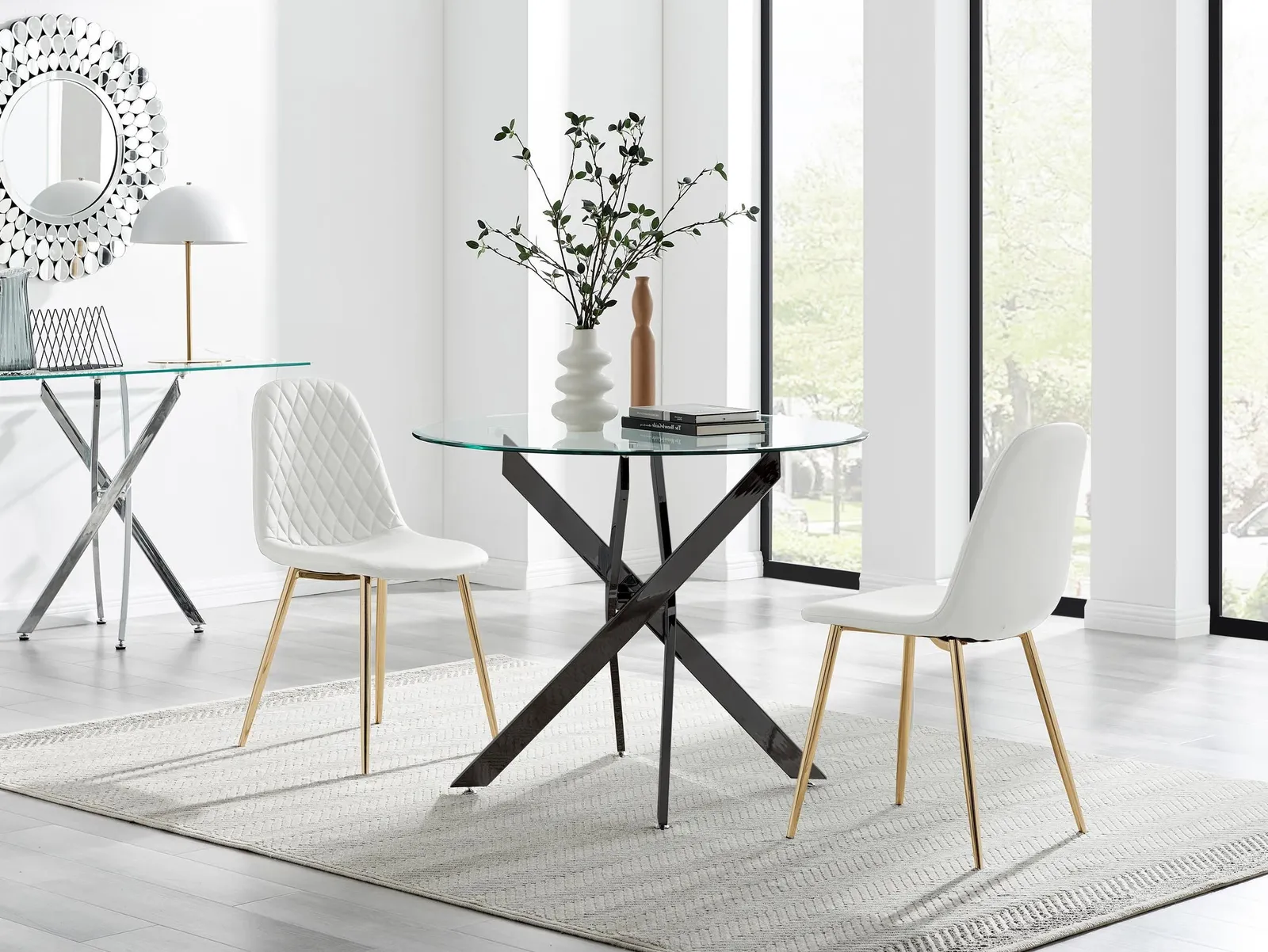FurnitureboxUK Novara 100cm Round Black Leg Dining Table & 2 Corona Gold Chairs in White 1