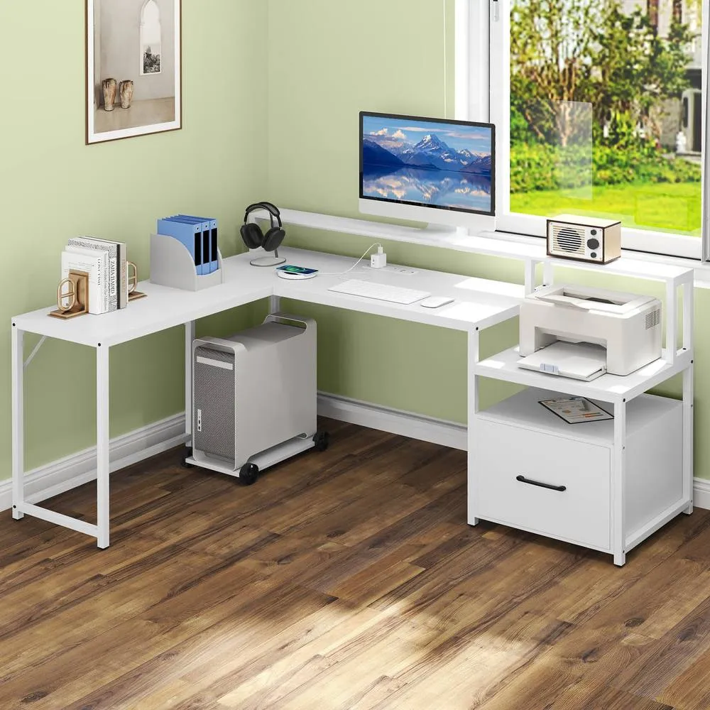 Costway L-shaped Desk Home Office Desk with File Drawer in White 5