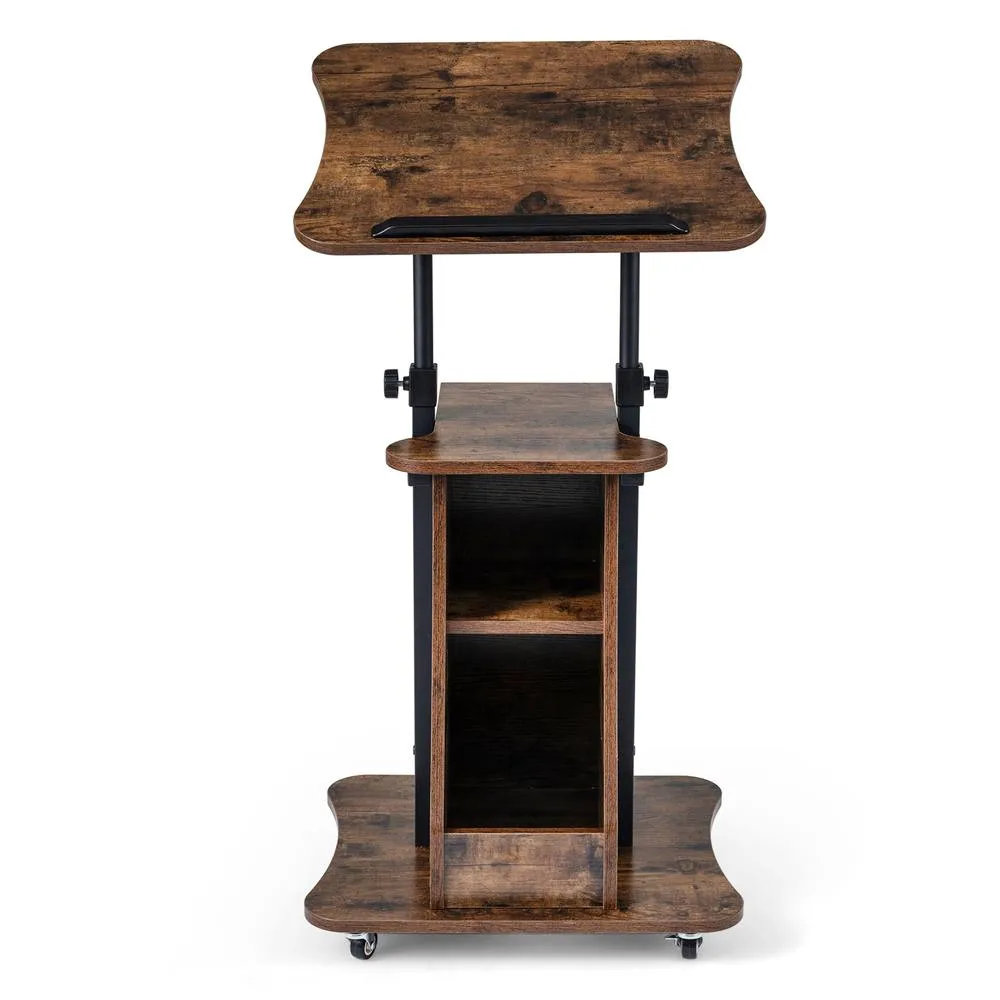 Costway Height Adjustable Podium Stand on Wheels with Rustic Brown/Black Wood in Brown