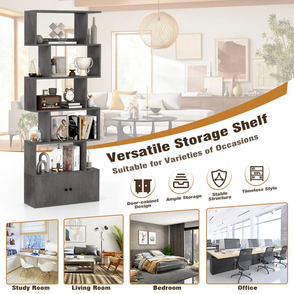 Costway 6-Tier Bookshelf w/ Cabinet S-Shaped Bookcase Shelf Storage Organizer in Grey 6