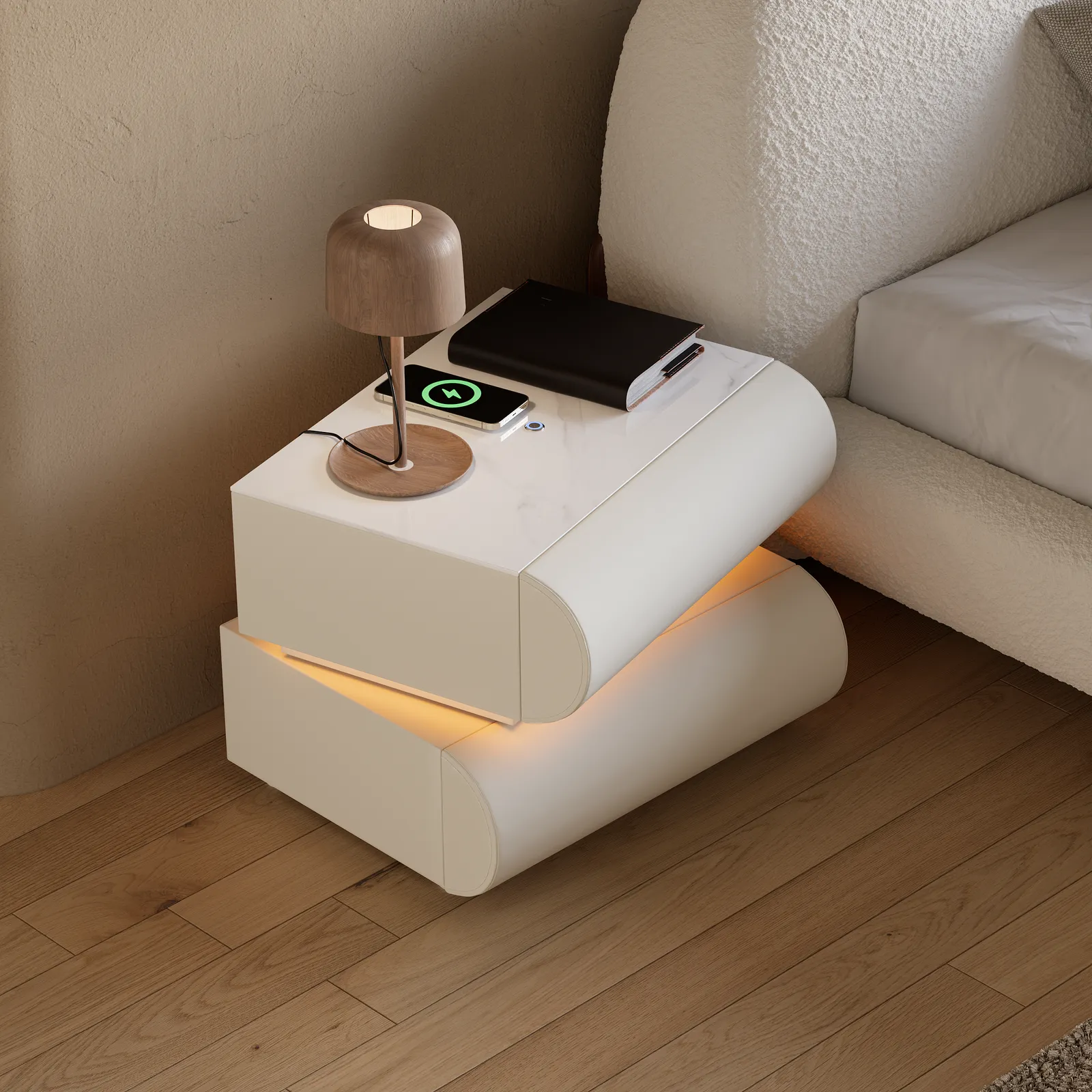Modern White Leather Smart LED Bedside Table with Wireless Charger 2 Drawers Bedside Table with USB & Type-C Ports