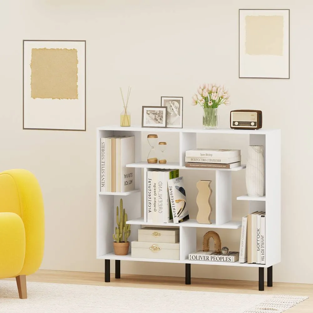 Costway Modern Geometric Bookcase Wooden Open Bookshelf Display Shelves in White 4