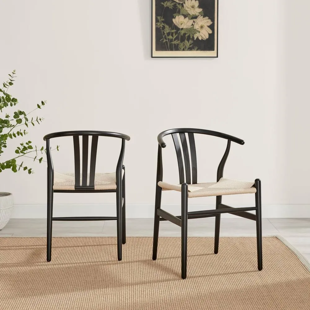 FurnitureboxUK 2x Caia Black Wood & Rope Wishbone Dining Chairs 2
