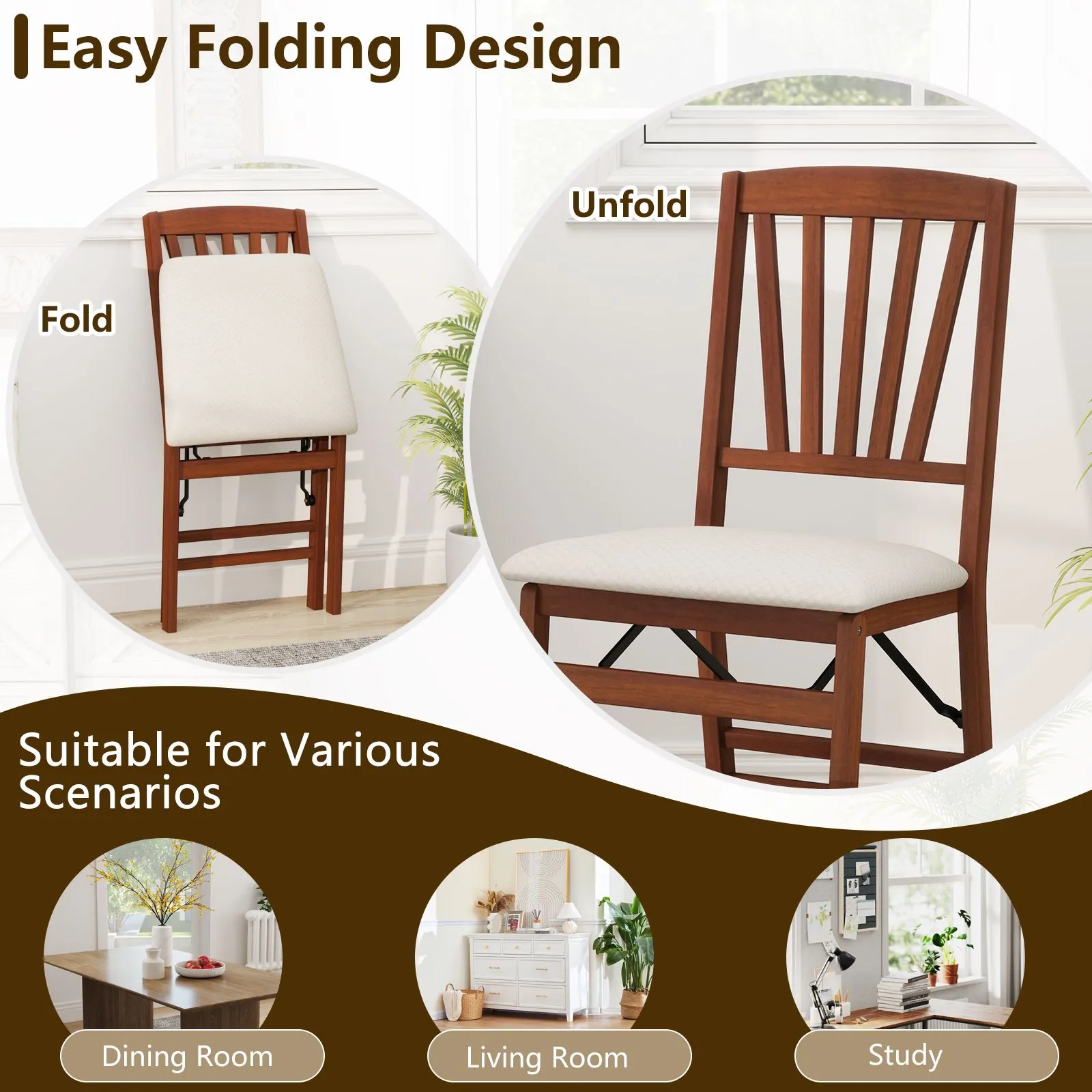 Costway Dining Chair Set of 2 Folding Chairs with Padded Seat in Brown 3