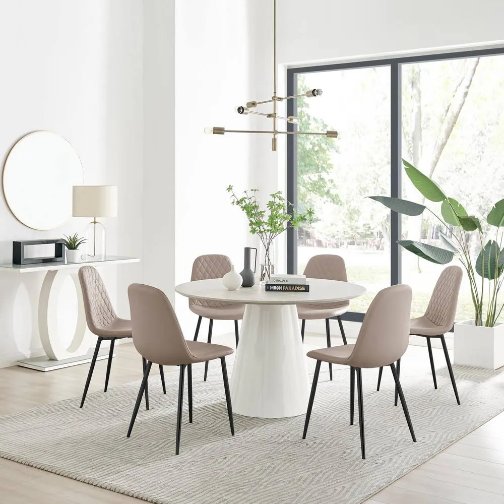 FurnitureboxUK Palma Beige Stone Round Table & 6 Cappuccino Corona Black Leg Chairs