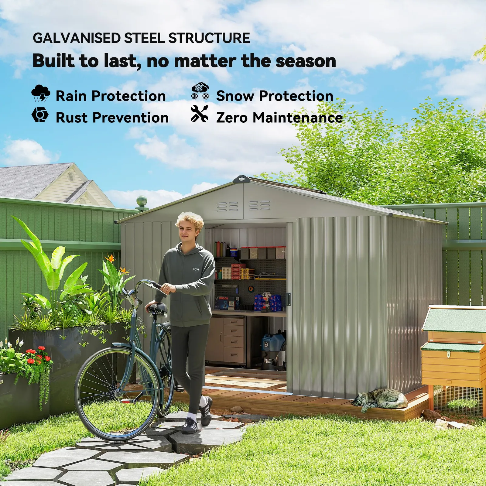 OUTSUNNY 9 x 6FT Galvanised Garden Storage Shed with Sliding Door, Grey in Mid Grey 5