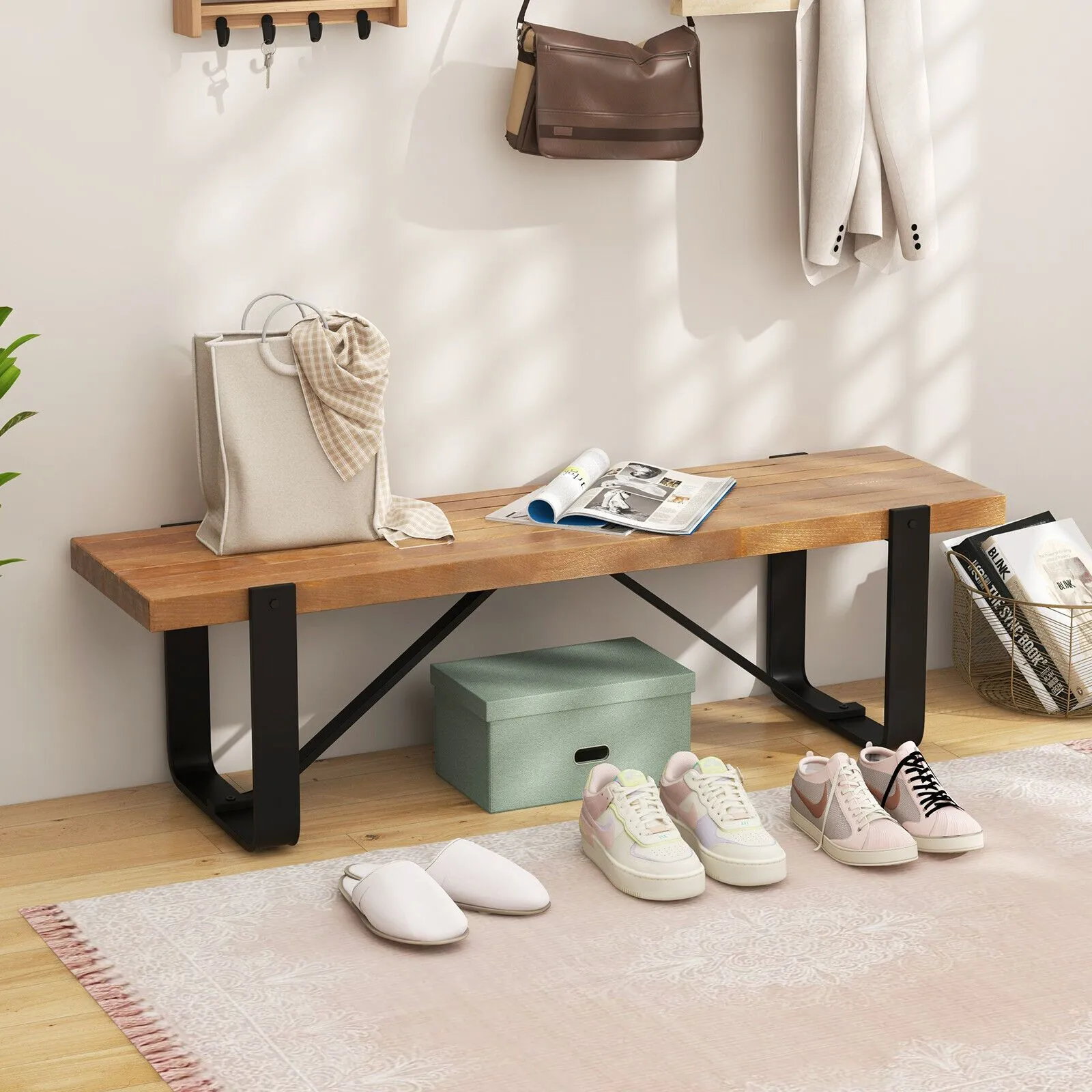 Costway Entryway Bench 152cm Long Hallway Bench Bedroom Wooden Shoe Rack Dining Bench in Natural 3