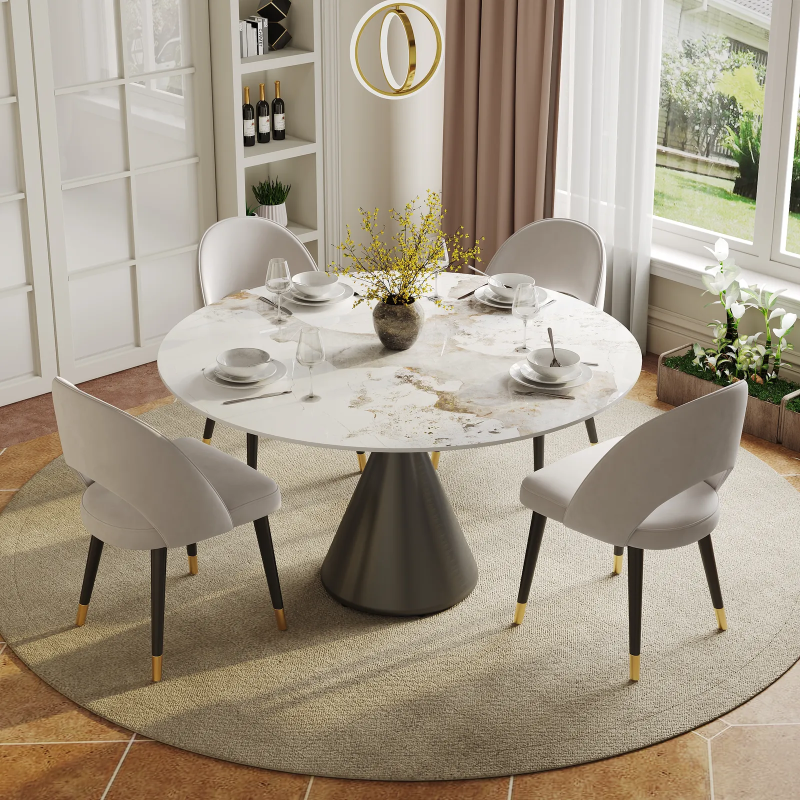 Modern 120 cm Round Glossy Sintered Stone Dining Table with Black Pedestal Base, Seats 4