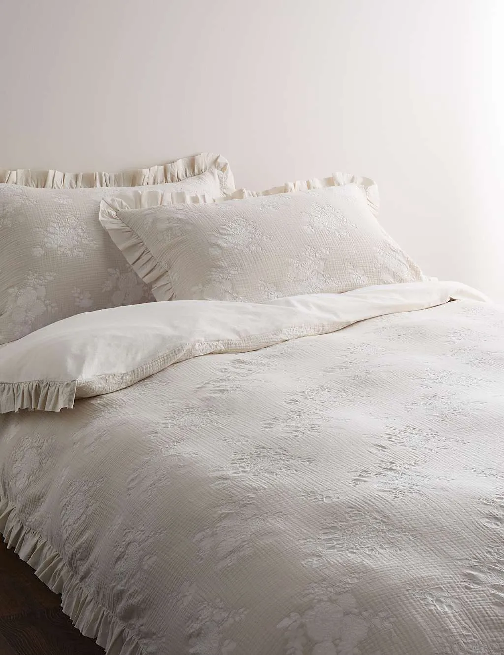 M&S Pure Cotton Floral Jacquard Bedding Set Neutral