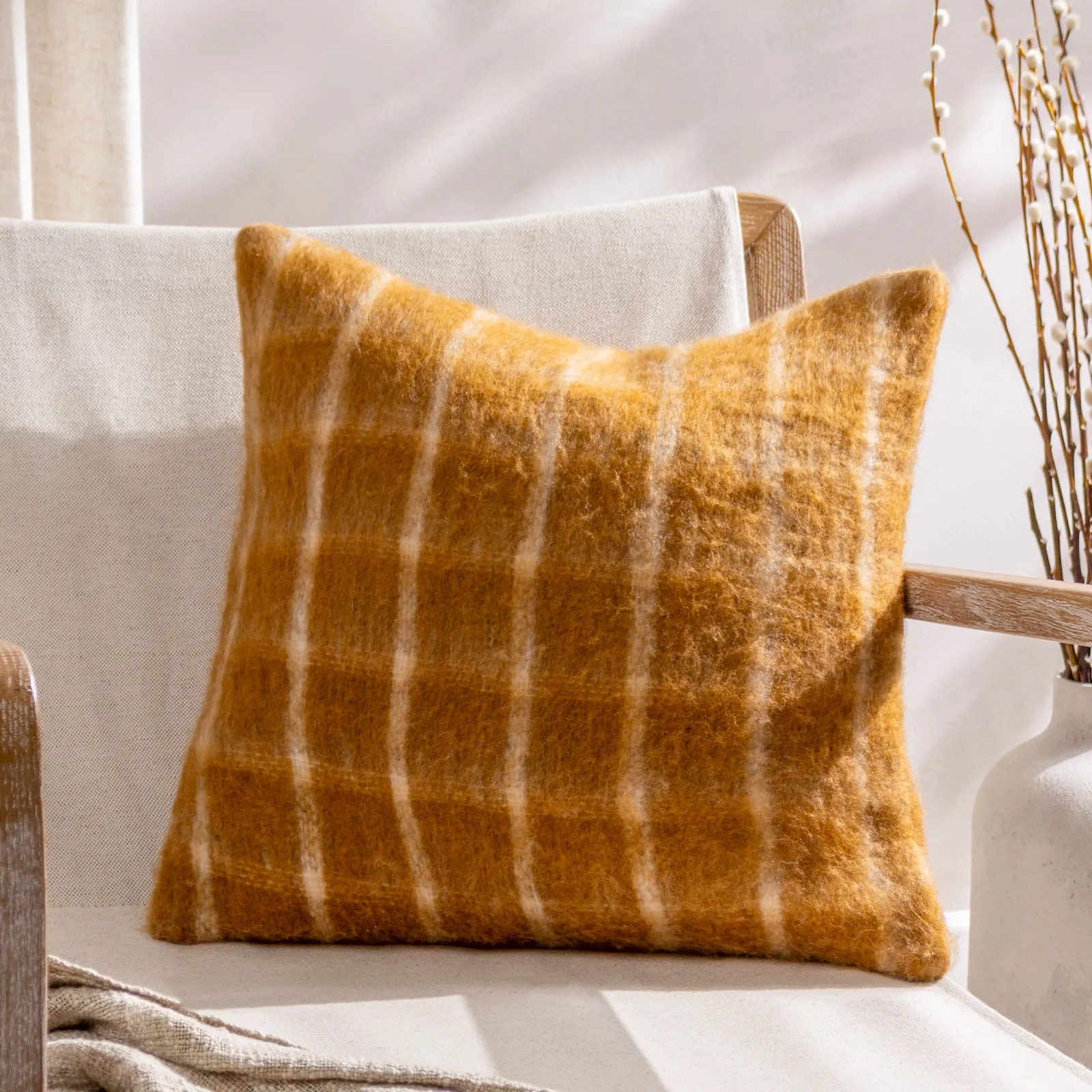 Yard Yarrow Check Faux-Mohair Cushion in Orange 1