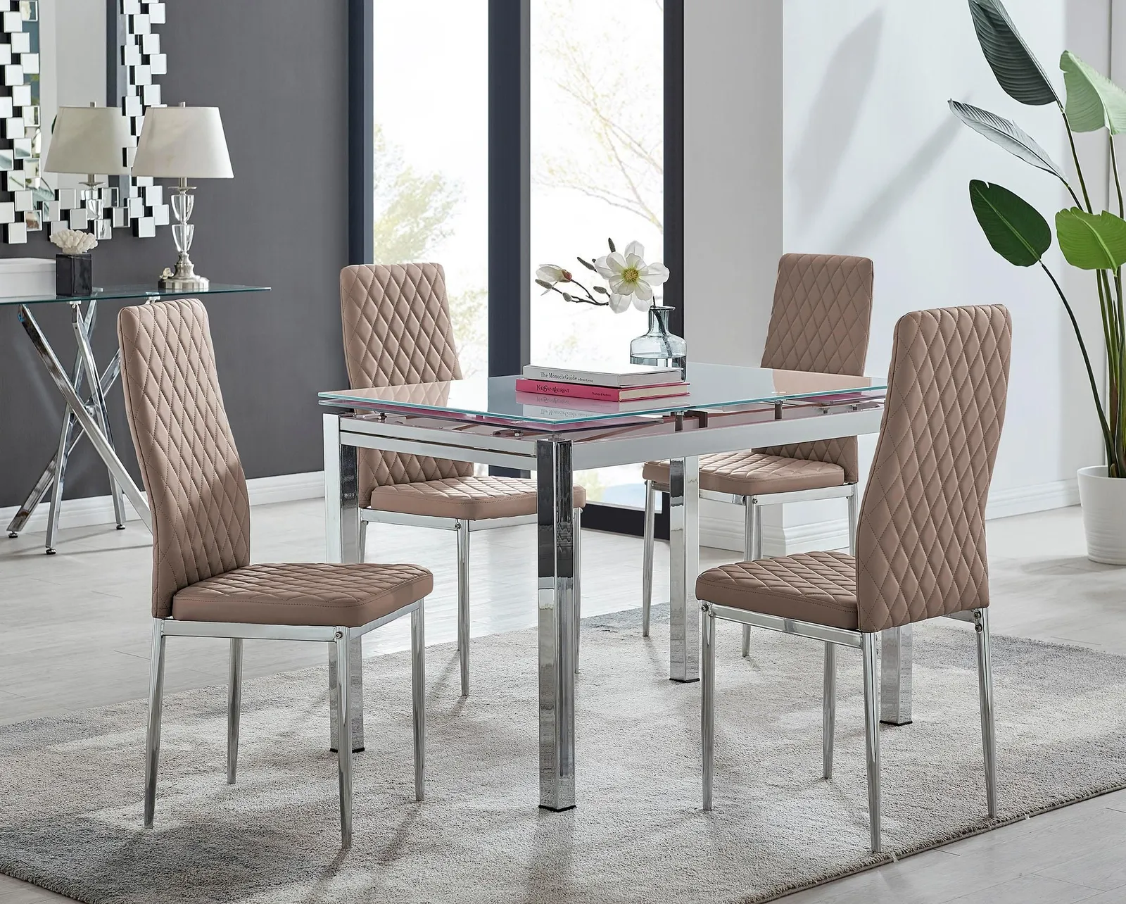 FurnitureboxUK Enna White Glass Extending 4-6 Seater Dining Table & 4 Milan Faux Leather Chairs in Beige 1