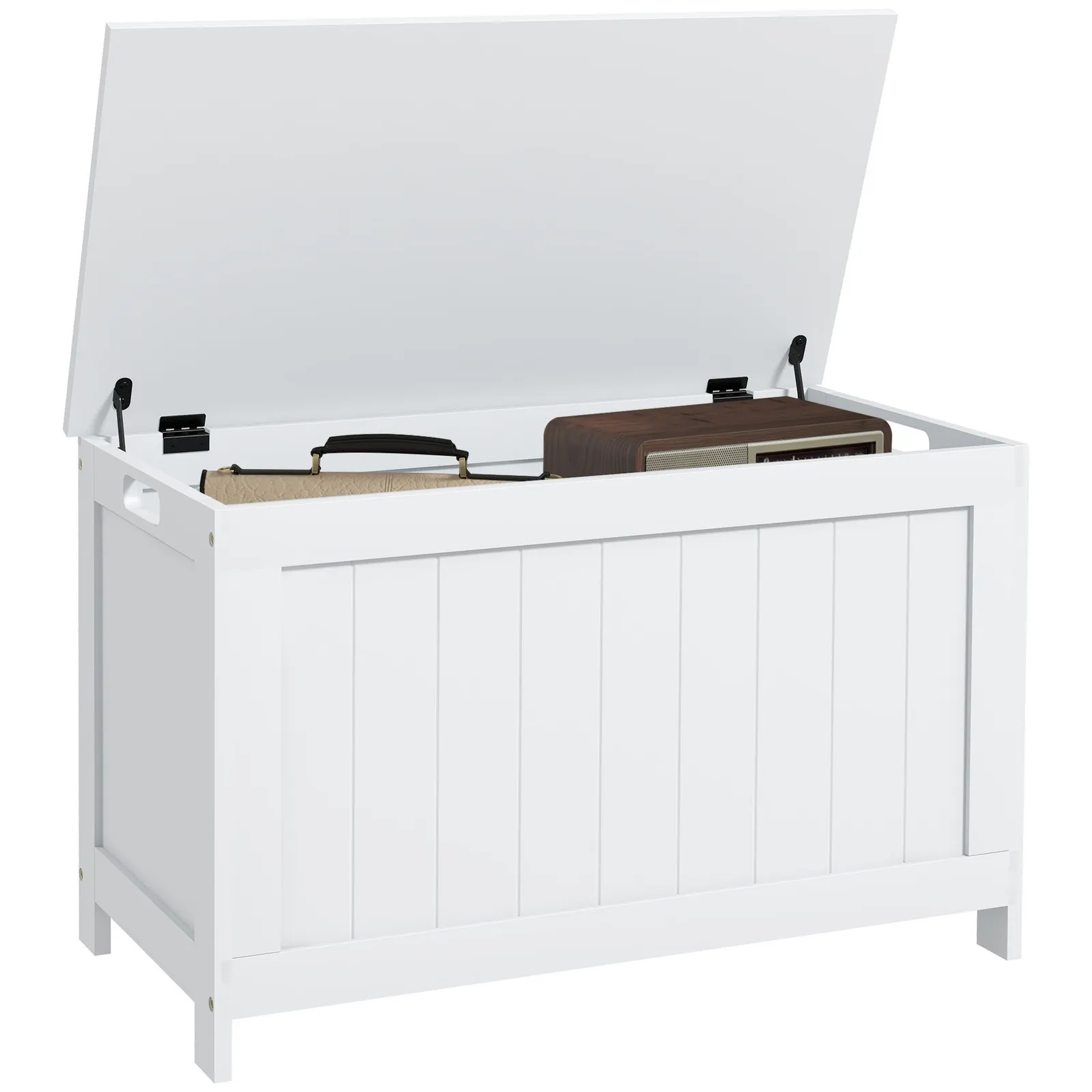 HOMCOM Storage Chest, Modern Storage Trunk with 2 Safety Hinges & Cut-out Handles, Wooden Toy Box for Living Room, Entryway, 76 x 40 x 48 cm in White 2
