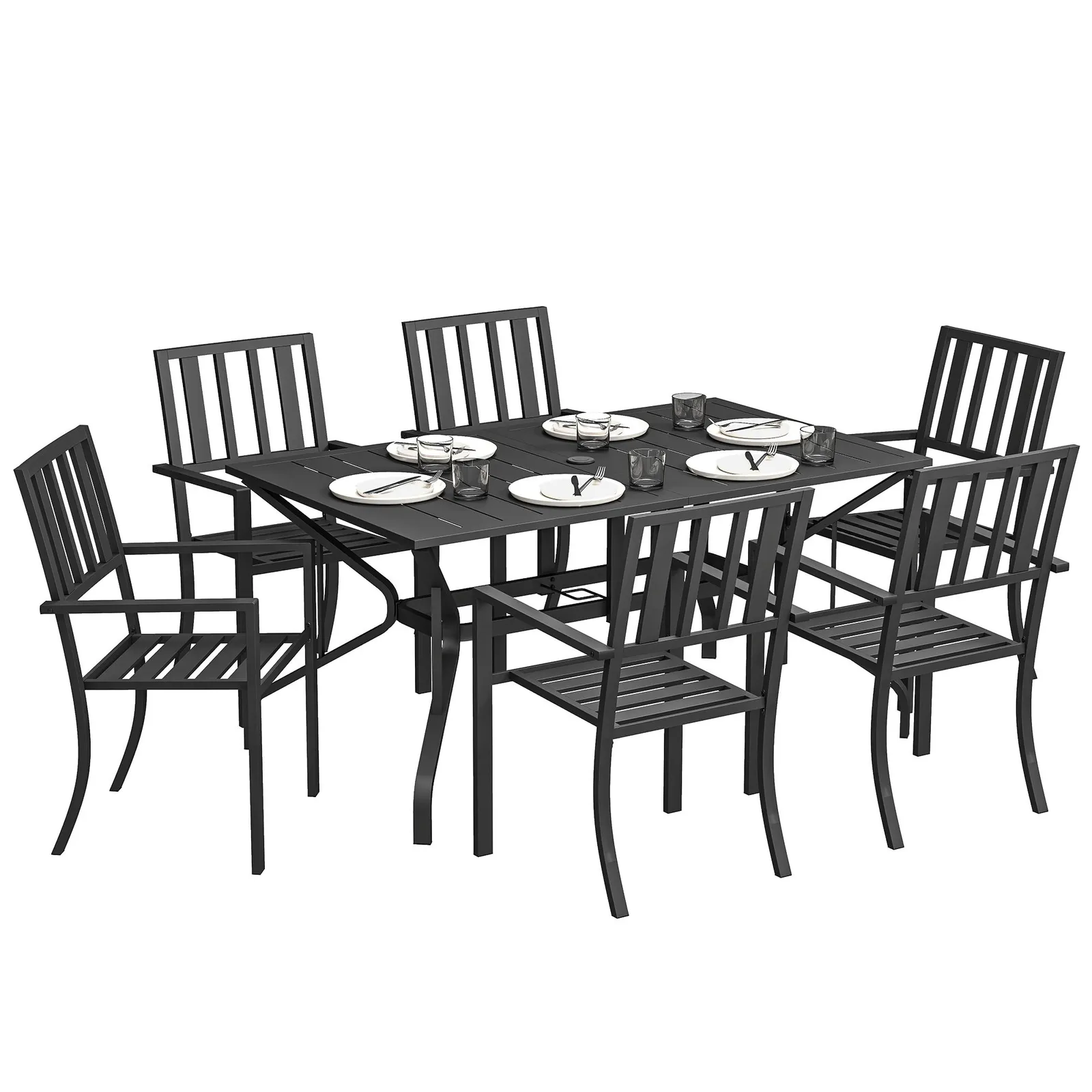 OUTSUNNY 7 Pieces Patio Dining Set with Umbrella Hole for Garden in Black 2