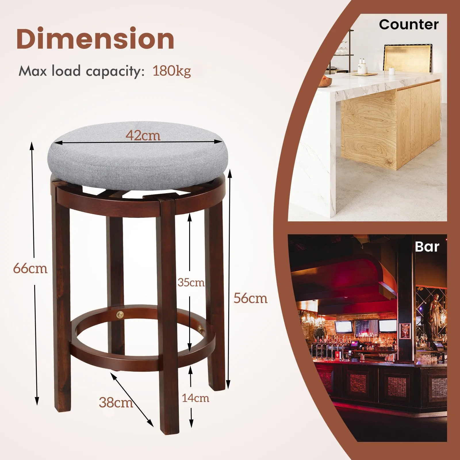 Costway Set of 2 Bar Stools Wooden Counter Height Chair 360° Swivel Kitchen Padded Seat in Grey 2