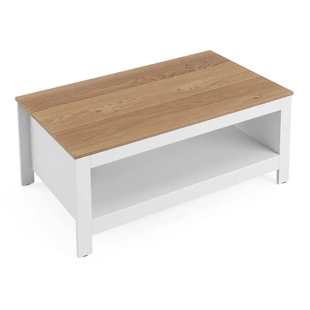 Costway 2 Tier Coffee Table Natural & White Center Table for Living Room