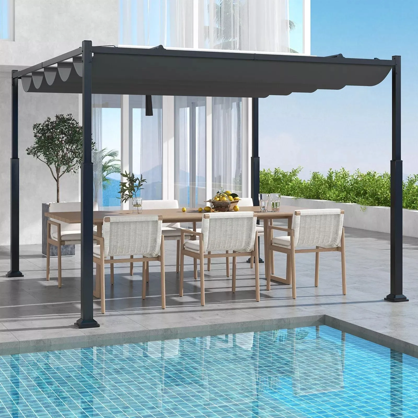 Costway 310x310cm Outdoor Pergola Heavy-Duty Metal Columns w/ Retractable Canopy in Grey 3