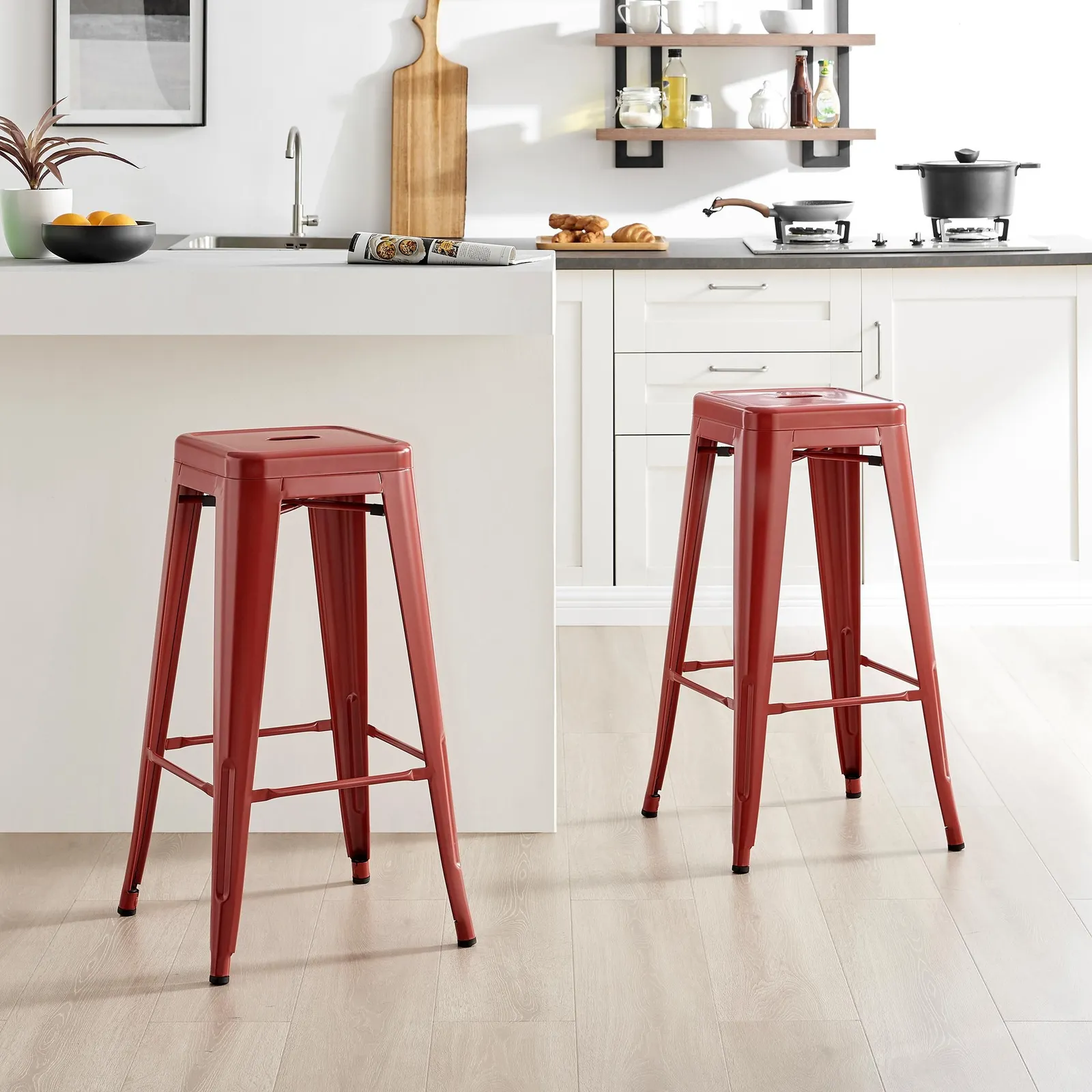 FurnitureboxUK Set of 2 Colton 'Tolix' Style Metal Stackable Retro Industrial Bar Stools in Red 1