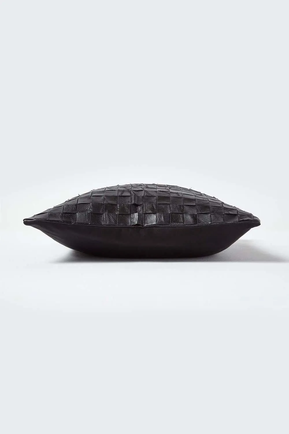 Homescapes Black Real Leather Basketweave Check Suede Cushion with Feather Filling 2