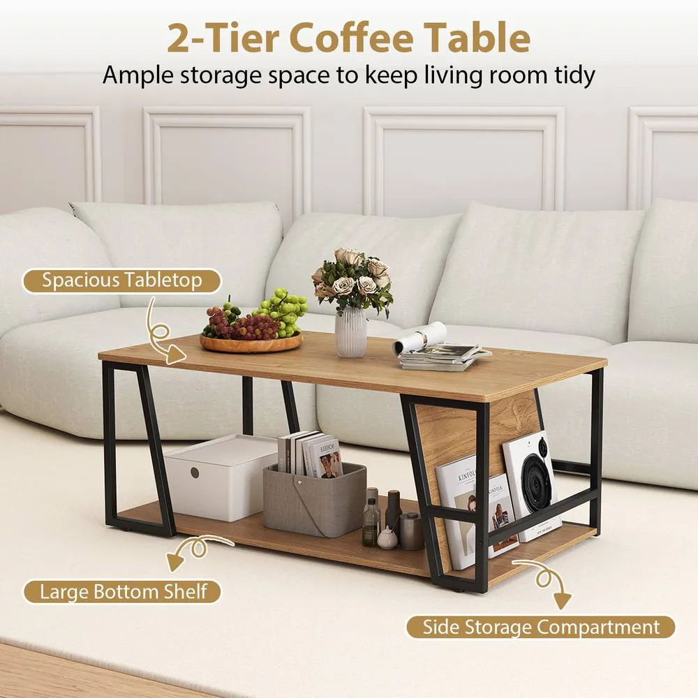 Costway Rectangle Coffee Table 2-tier Cocktail Center Accent Table w/ Shelf in Natural 4