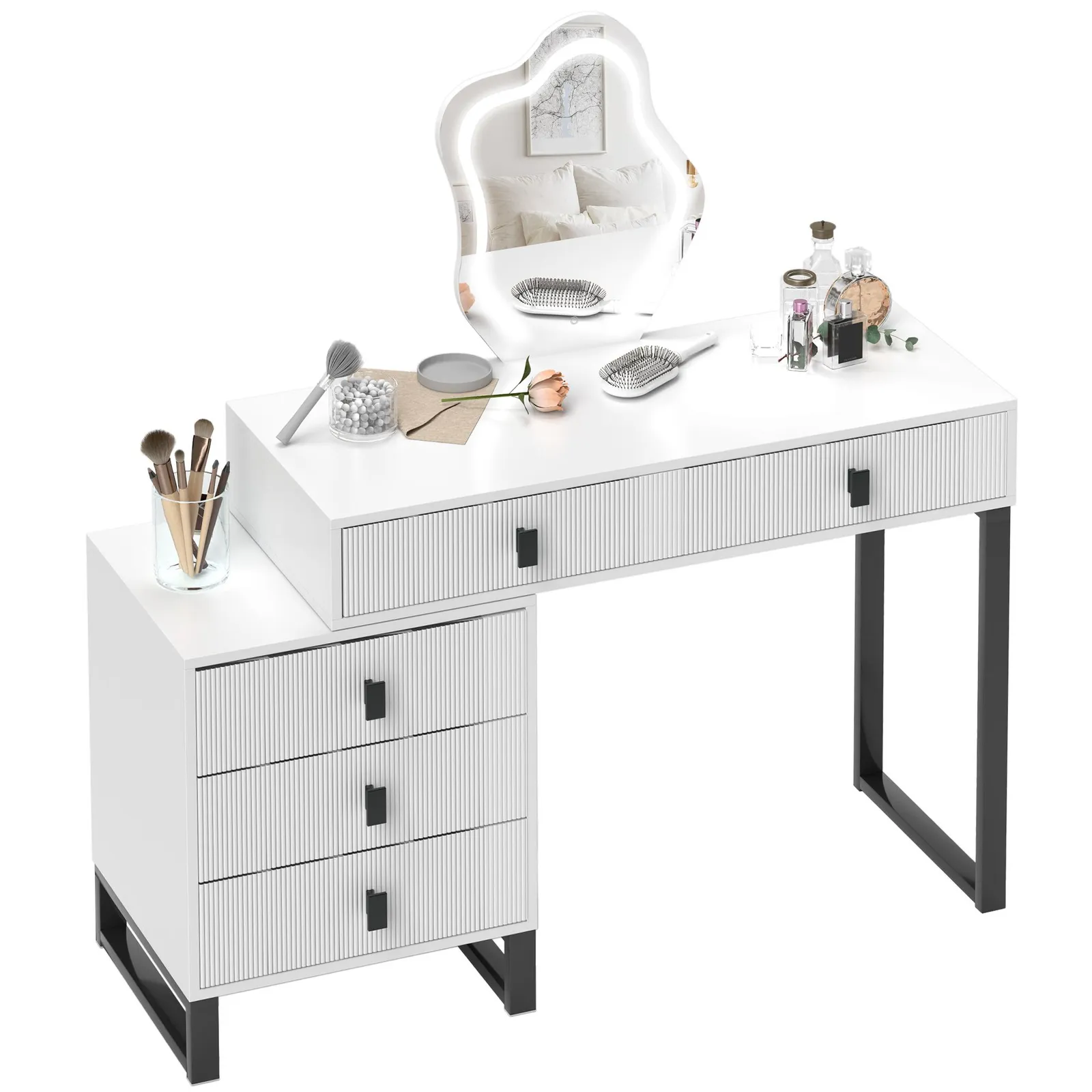HOMCOM Dressing Table with LED Leaf Shape Mirror & 5 Drawers, White 2