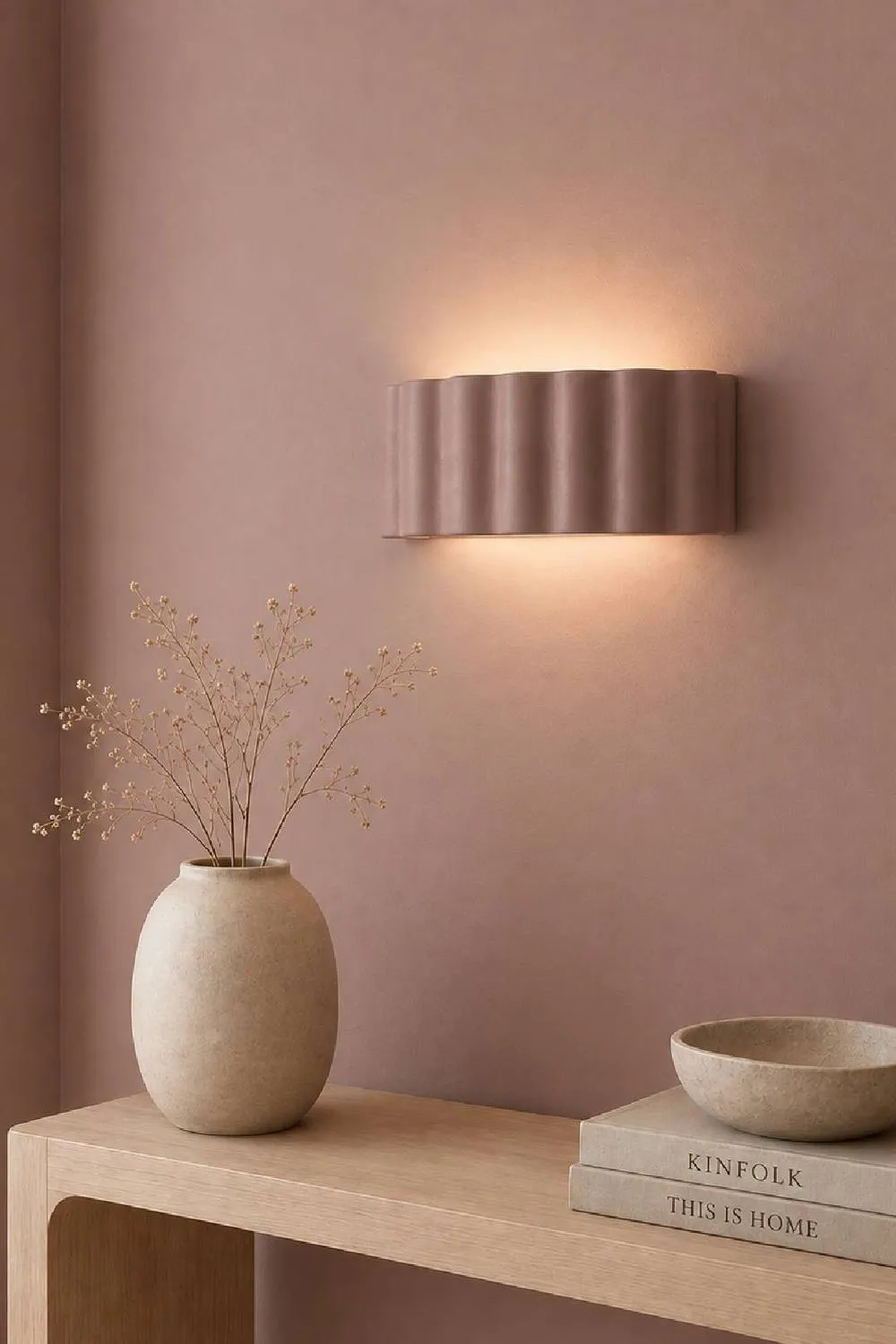 ValueLights Pablo Curved Ribbed Ceramic Flush Wall Sconce Light in Dusty Pink
