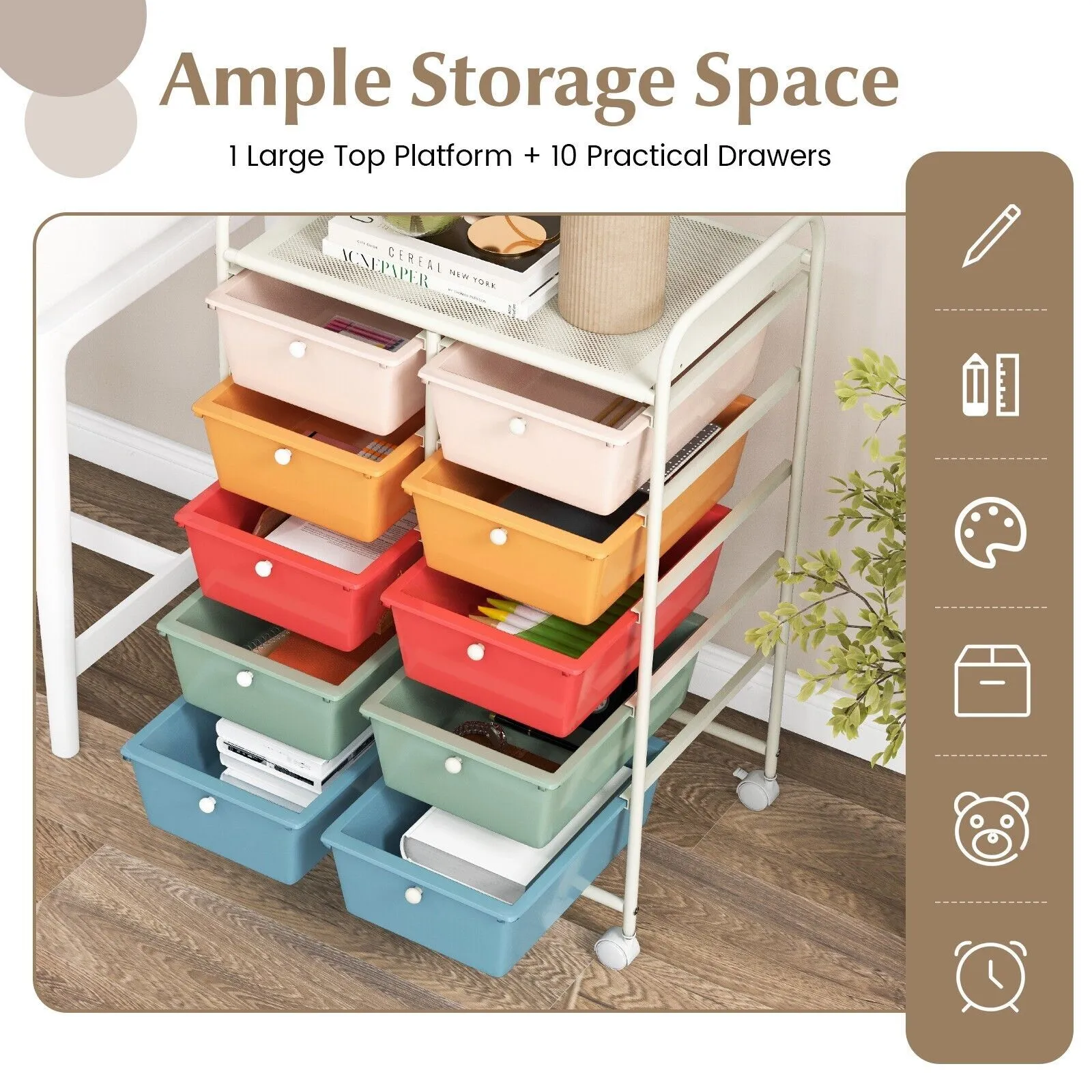 Costway 10 Drawers Storage Trolley Mobile Rolling Utility Cart Home Office Organizer in Green 6
