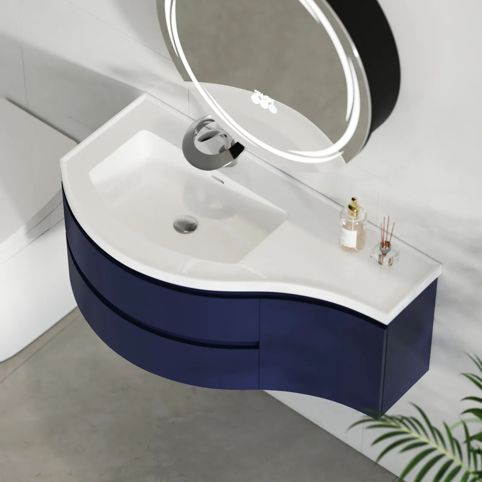 90 cm Navy Floating Single Curved Bathroom Vanity with Sink, Storage, Stone Resin Top