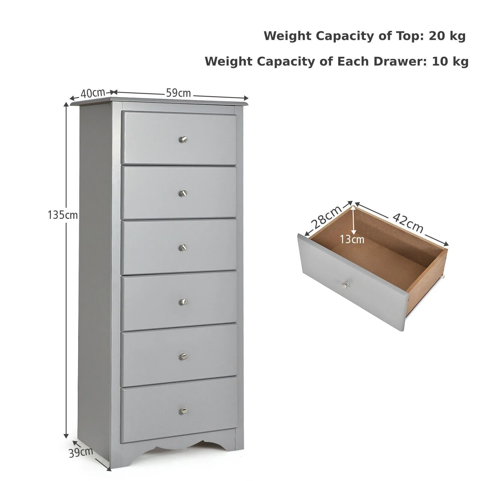 Costway Chest of Drawers Free Standing 6 Drawers Wooden Storage Cabinet W/ Metal Handles in Grey 5