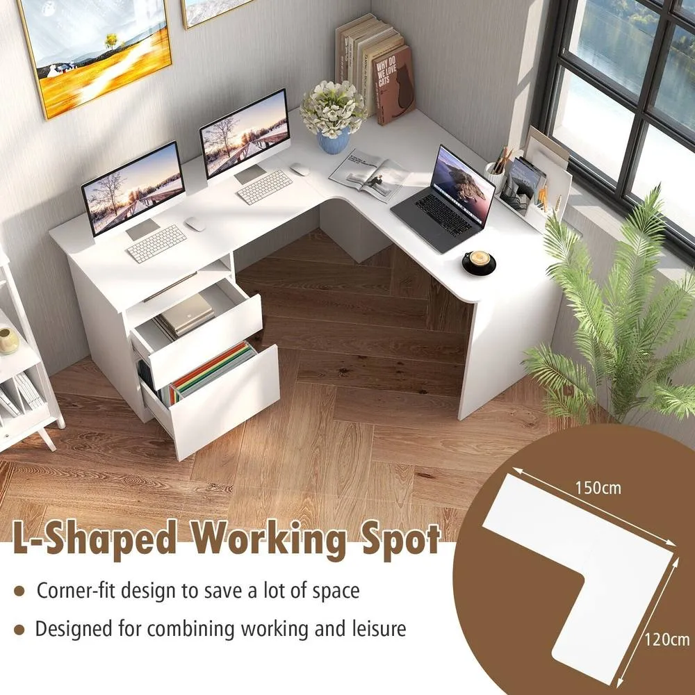 Costway L-Shaped Computer Desk 150cm Modern Writing Study Table w/ Drawers in White 6