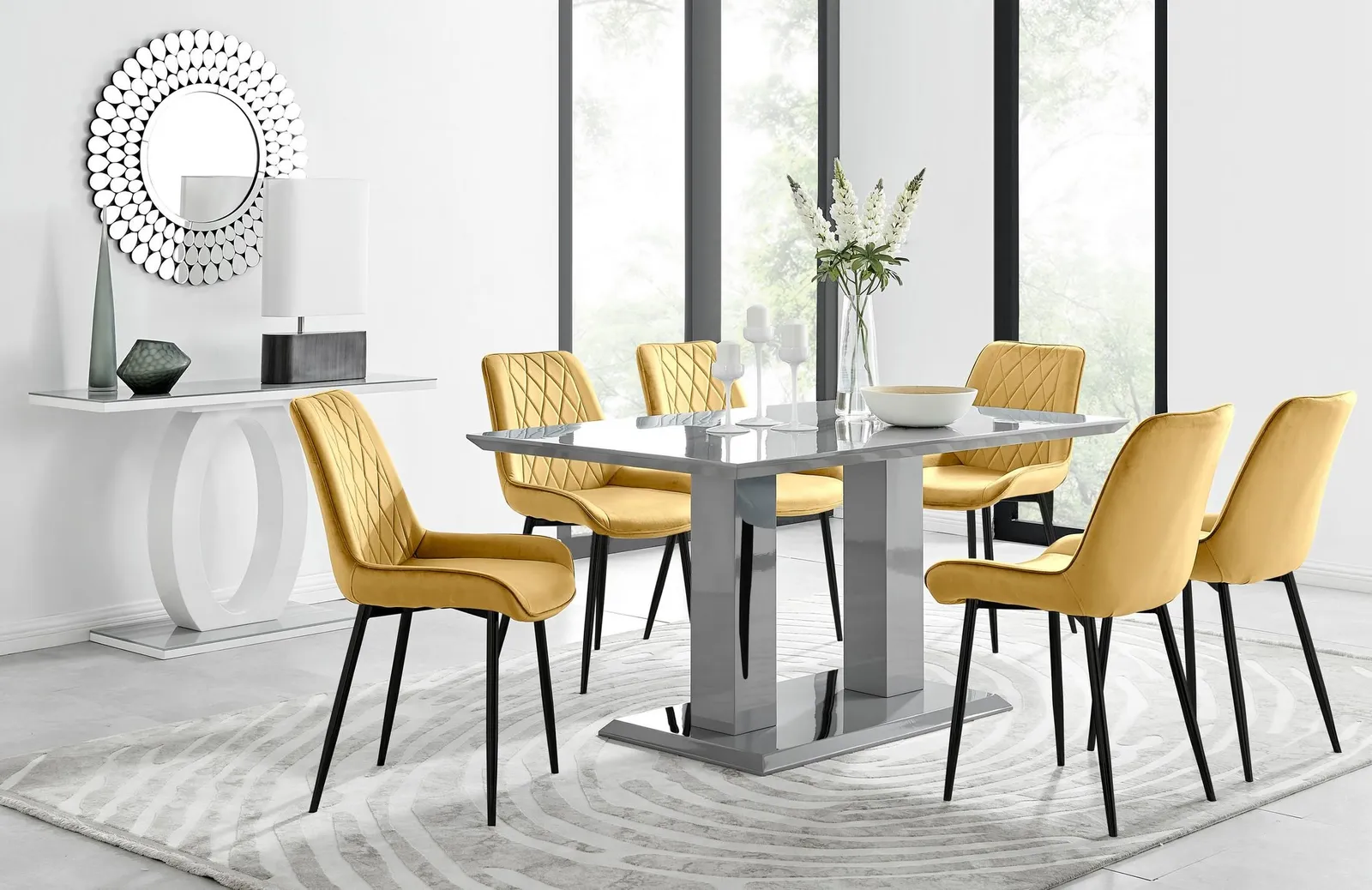 FurnitureboxUK Imperia 6 Grey Dining Table & 6 Pesaro Black Leg Chairs in Mustard 1