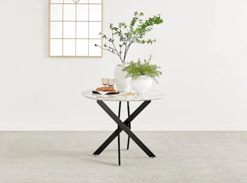 FurnitureboxUK Novara White Marble Black Leg Round Dining Table & 4 Pesaro Chairs in Blue 3