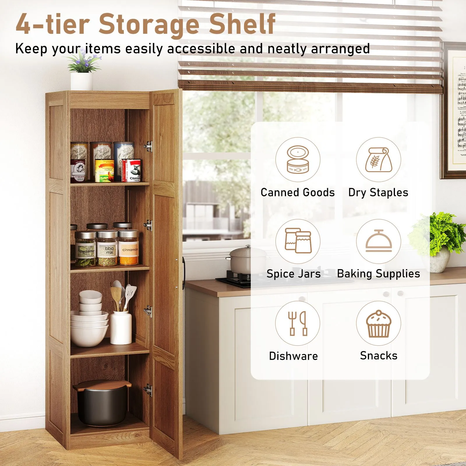 Costway 150 cm Tall Storage Cabinet 4-Tier Freestanding Floor Cabinet in Natural 5